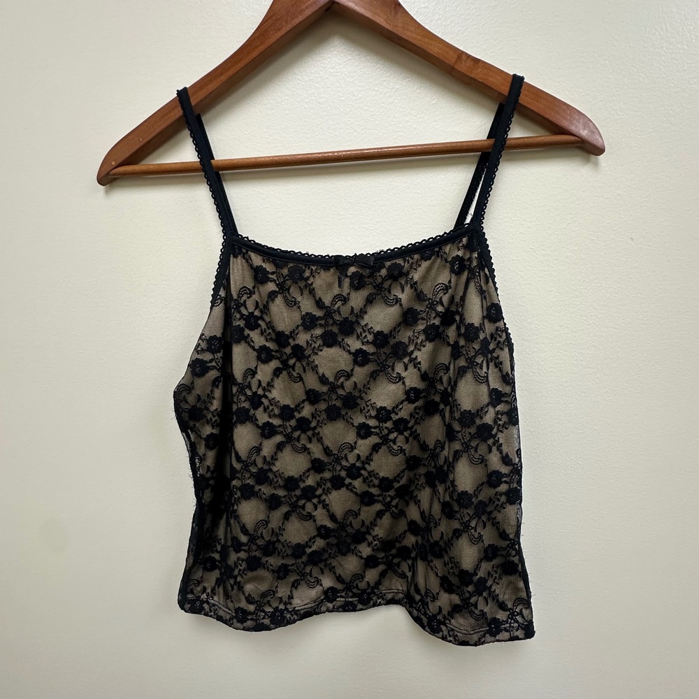 Liz & Sara Womens XL Black Floral Lace Overlay Camisole Tan Lined Cami Top